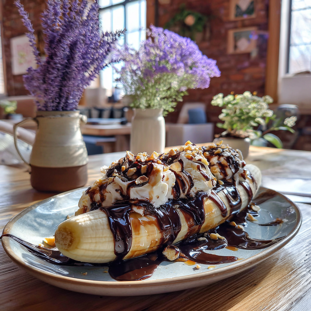 Un banana split sobre una mesa | Fuente: Midjourney