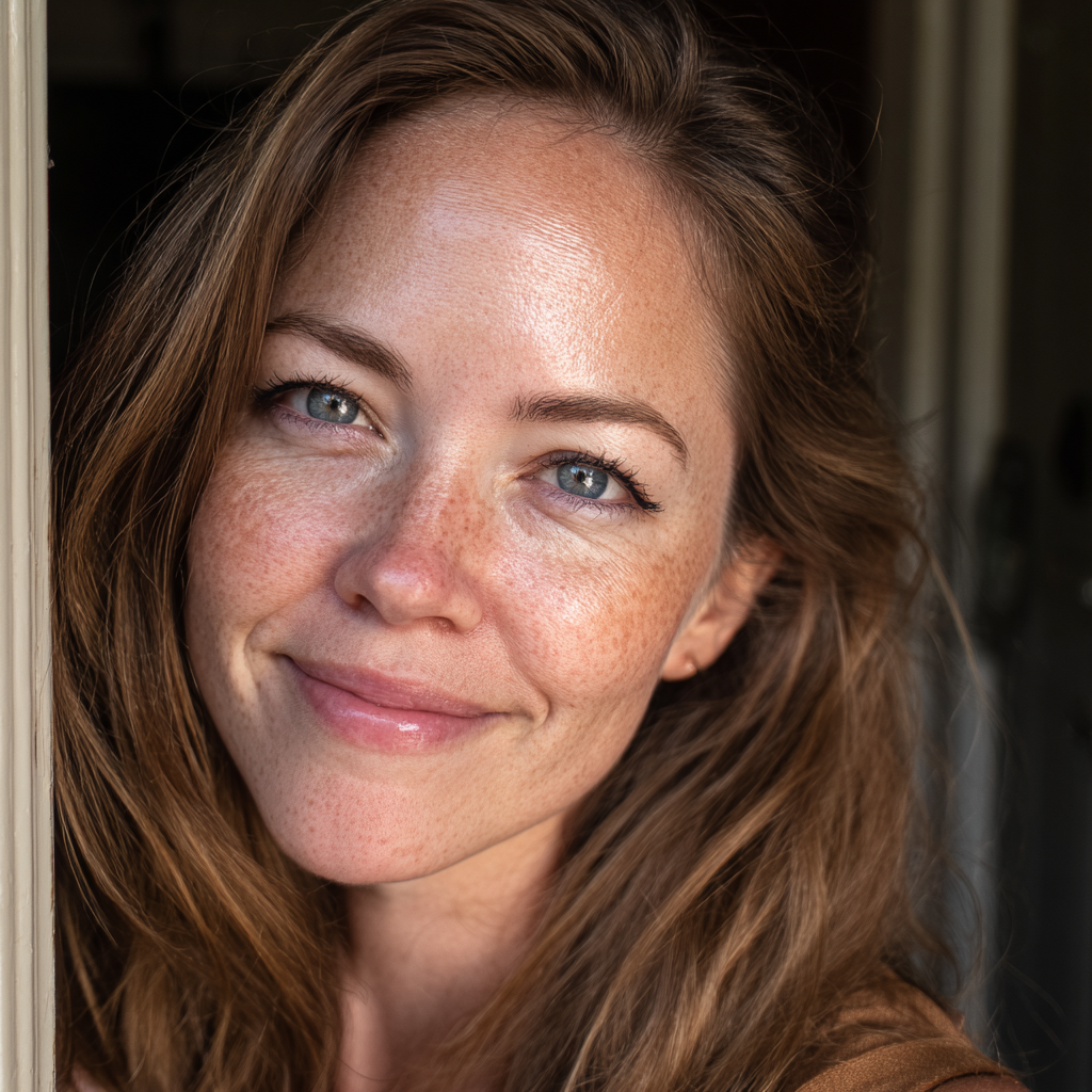 Una mujer sonriente ante la puerta de su casa | Fuente: Midjourney