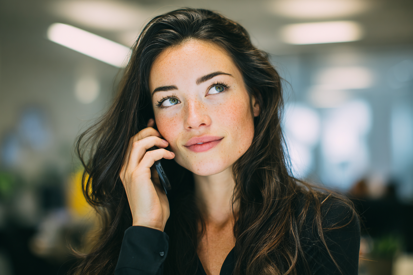 Una mujer sonríe esperanzada mientras habla por teléfono | Fuente: Midjourney