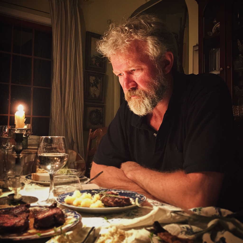 Un hombre mayor sentado a la mesa del comedor | Fuente: Midjourney