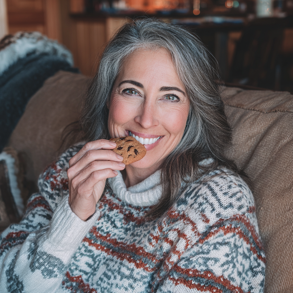Una mujer sonriente con una galleta en la mano | Fuente: Midjourney