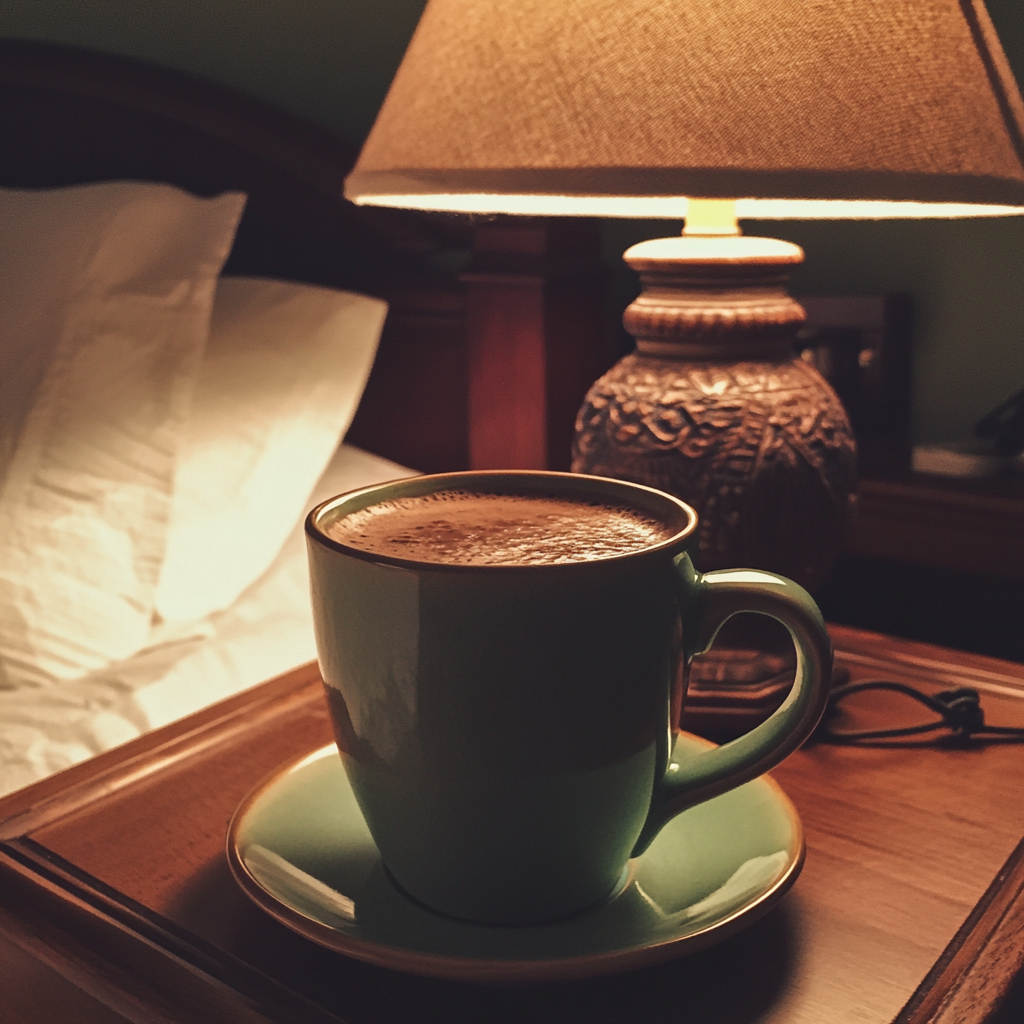 Una taza de chocolate caliente en la mesilla de noche | Fuente: Midjourney