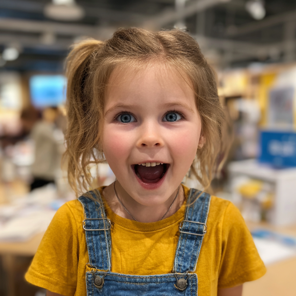 Una niña sonriente en unos grandes almacenes | Fuente: Midjourney