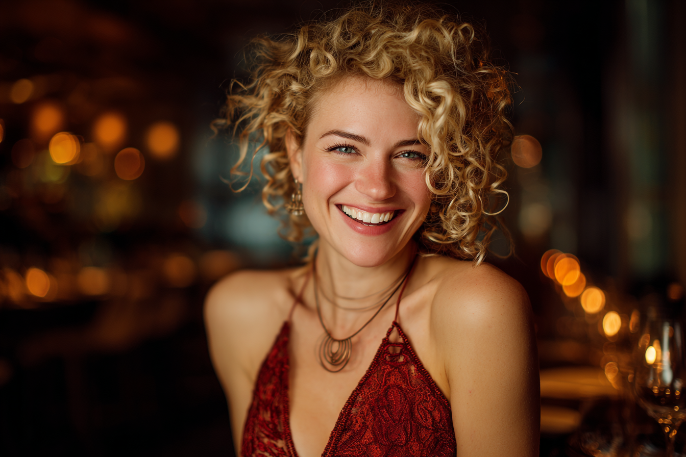 Una mujer sonriendo en un restaurante | Fuente: Midjourney