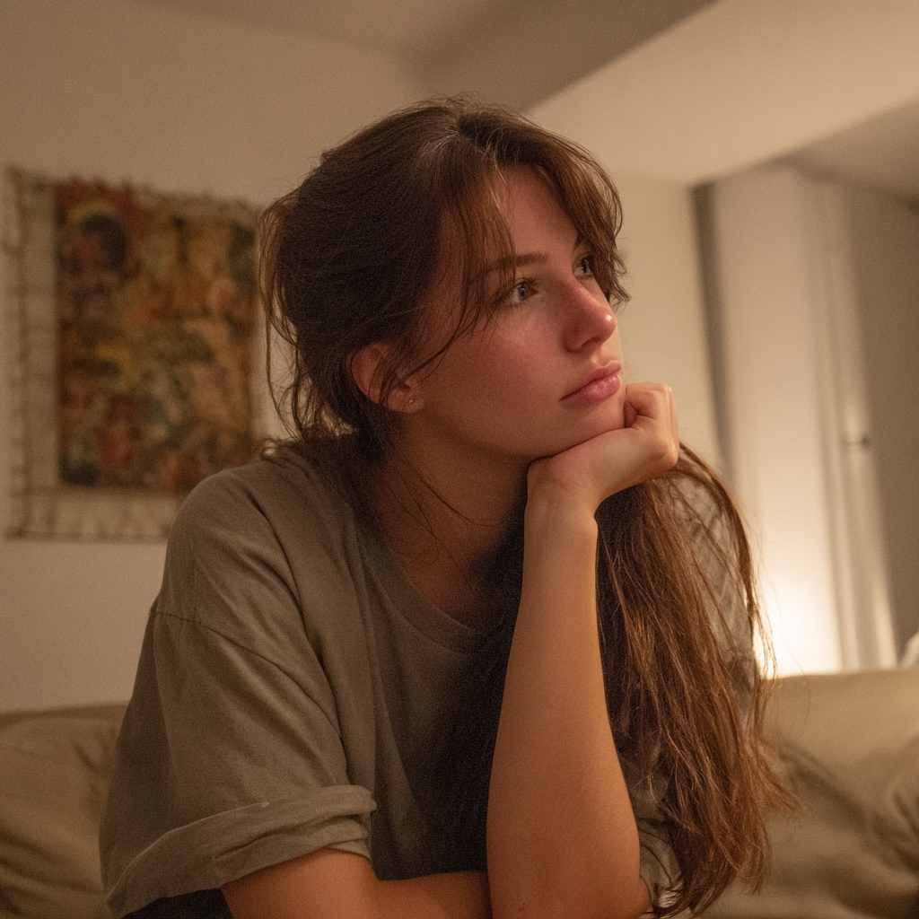 Una mujer emocional sentada en un sofá | Fuente: Midjourney