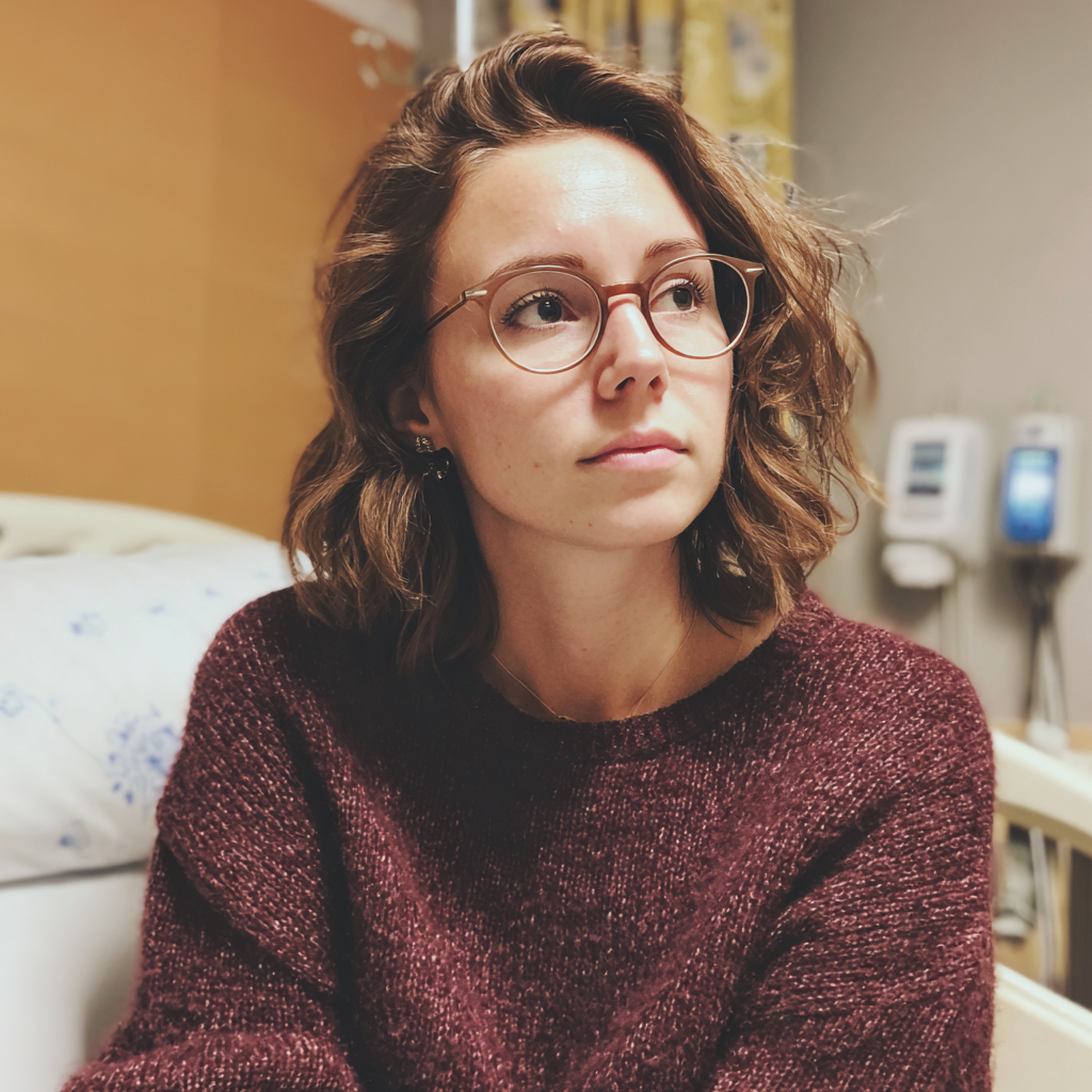 Una mujer sentada en la habitación de un hospital | Fuente: Midjourney