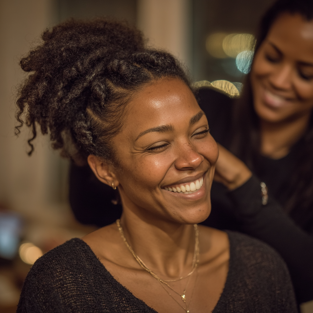 Una mujer feliz arreglándose el pelo | Fuente: Midjourney