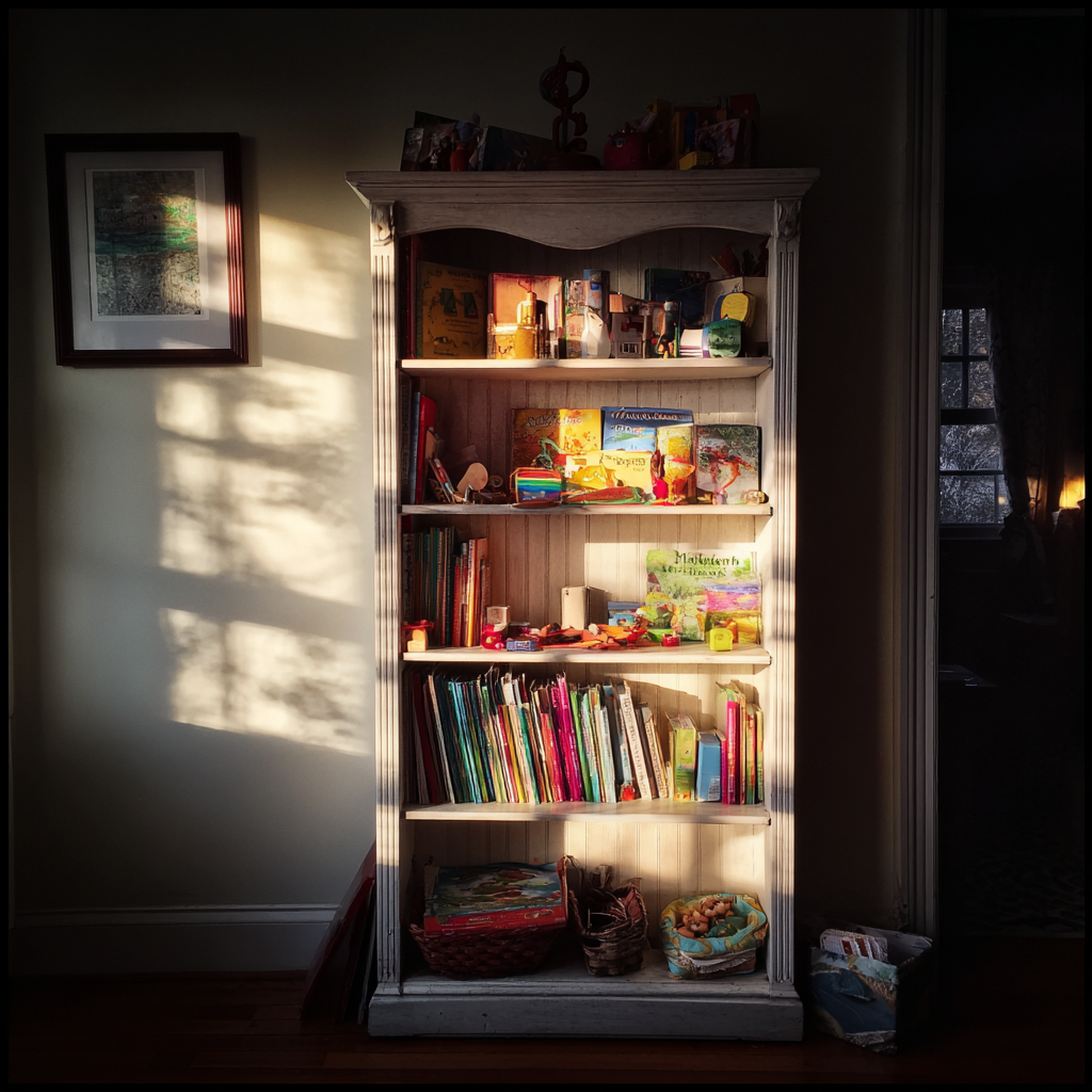 Una estantería en la habitación de un niño | Fuente: Midjourney