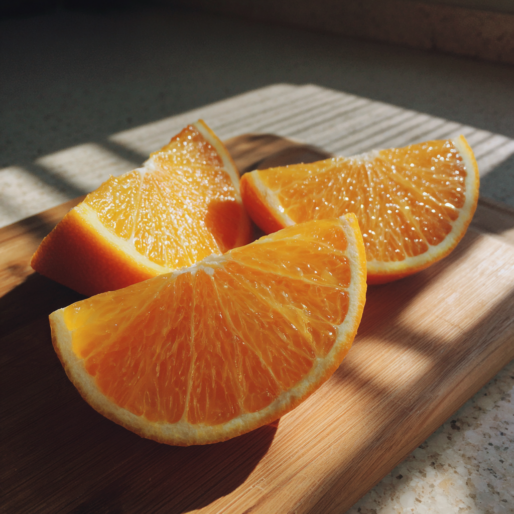 Rodajas de naranja sobre una tabla de madera | Fuente: Midjourney