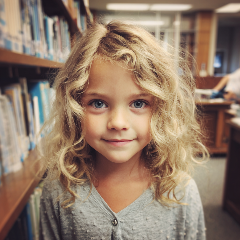 Una niña sonriente en una biblioteca | Fuente: Midjourney