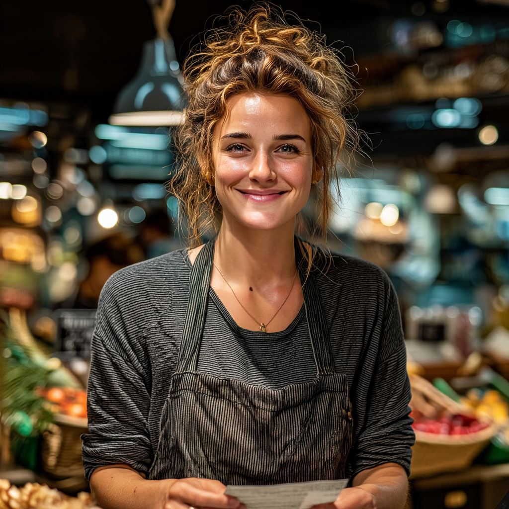 Una cajera feliz sosteniendo algo | Fuente: Midjourney