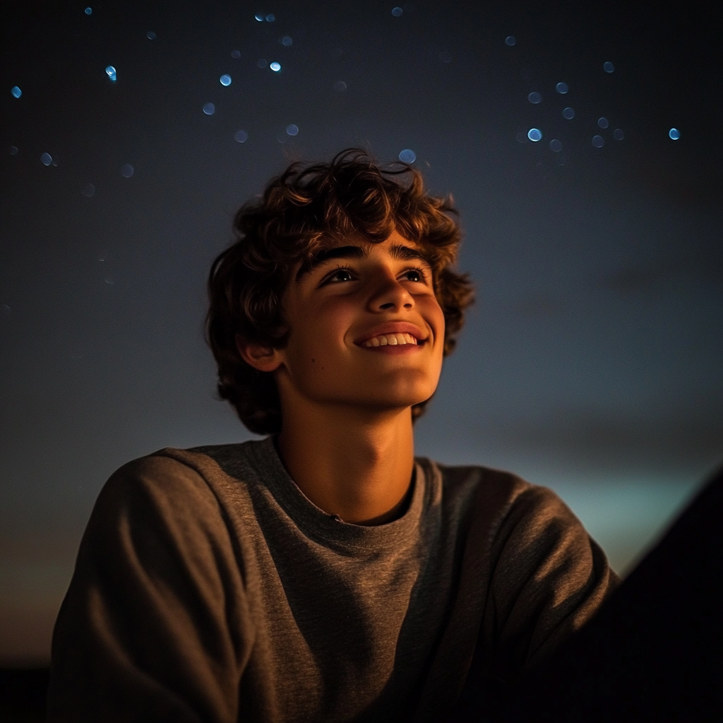 Un niño sonriendo mientras mira las estrellas | Fuente: Midjourney