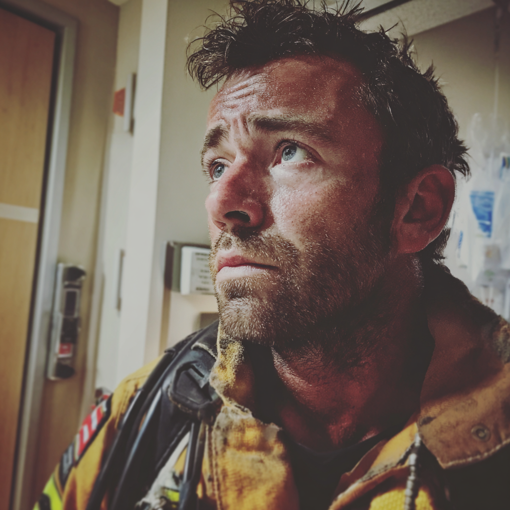 Un bombero preocupado en la habitación de un hospital | Fuente: Midjourney