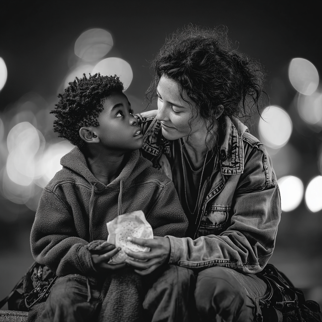 Una mujer sentada con un niño en el exterior | Fuente: Midjourney