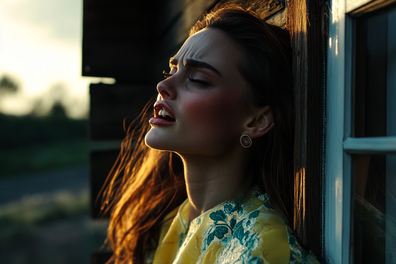 Una mujer delante de una cabaña | Fuente: Midjourney