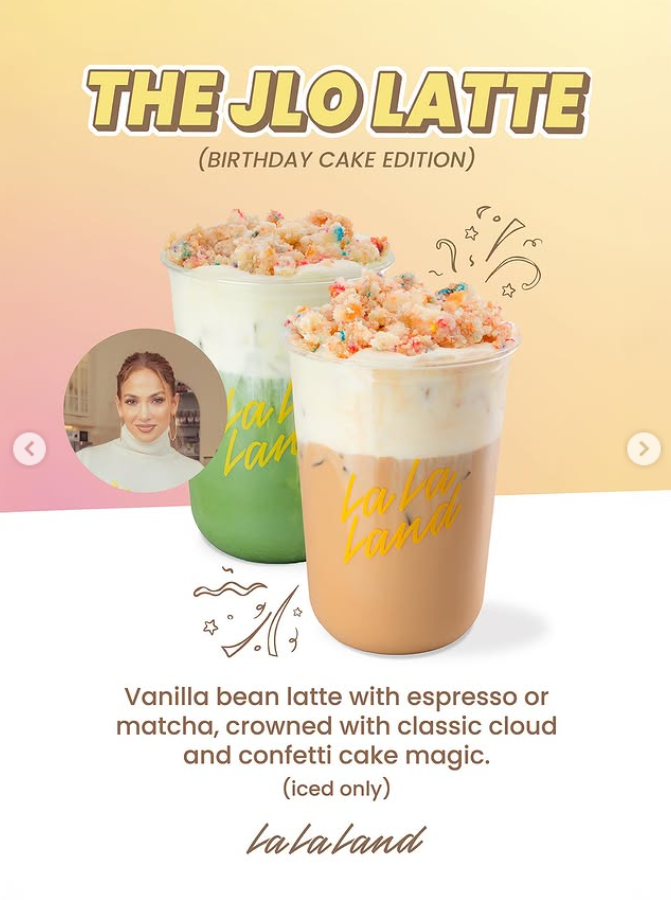 Folleto promocional del café promocionado por JLo para La La Land, de un post fechado el 23 de julio de 2025. | Fuente: Instagram/jlo