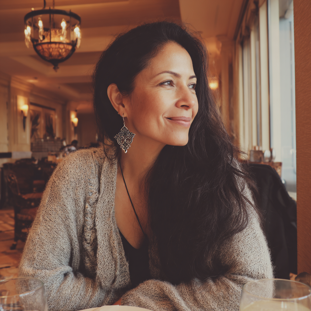 Una mujer sonriente sentada a una mesa | Fuente: Midjourney