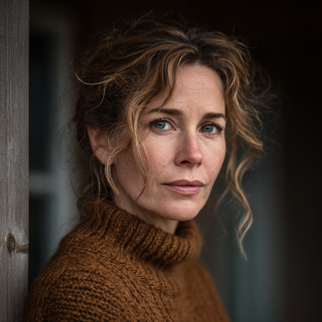 Una mujer pensativa en un porche | Fuente: Midjourney