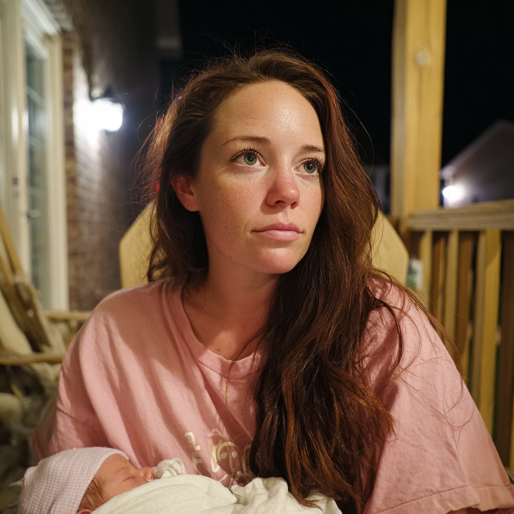 Una mujer sentada en un porche con su bebé en brazos | Fuente: Midjourney