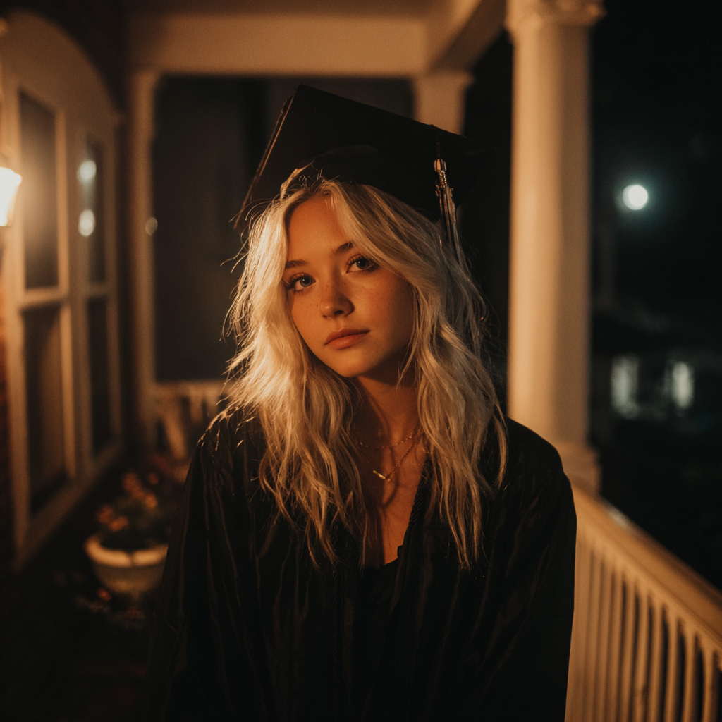 Una adolescente en un porche con su traje de graduación | Fuente: Midjourney