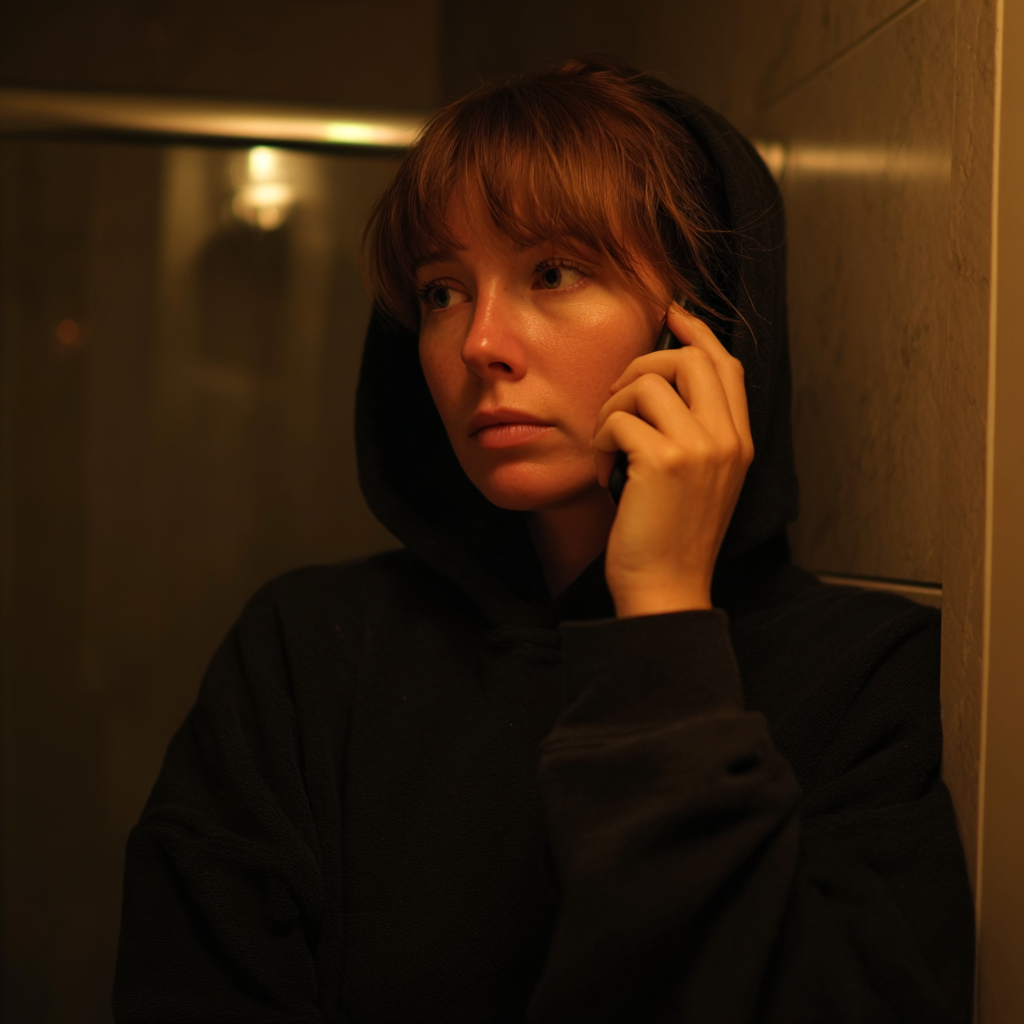 Una mujer con capucha negra hablando por teléfono | Fuente: Midjourney