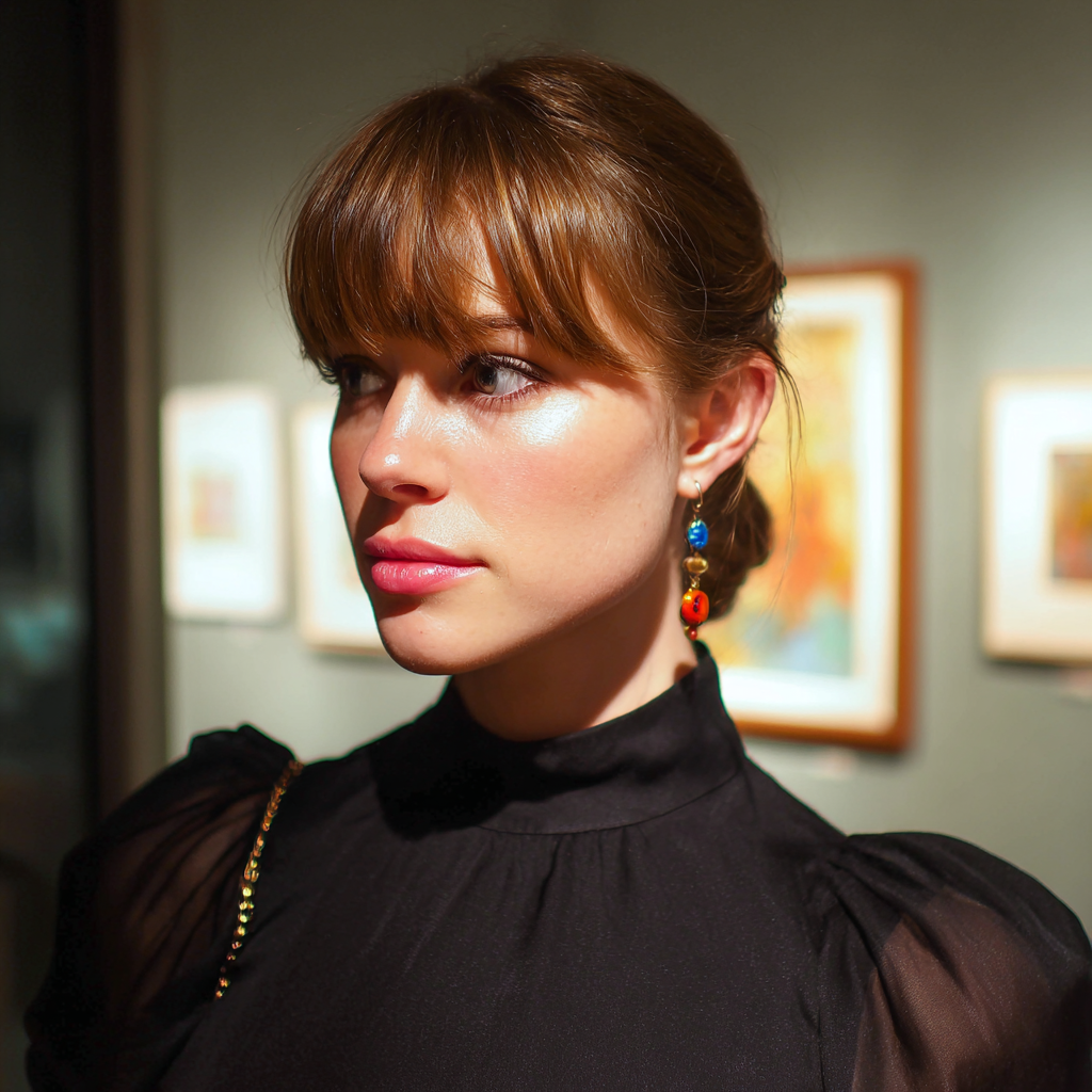 Una mujer pensativa en una galería de arte | Fuente: Midjourney