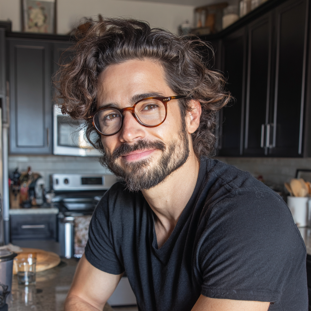 Un hombre sentado en la encimera de la cocina | Fuente: Midjourney