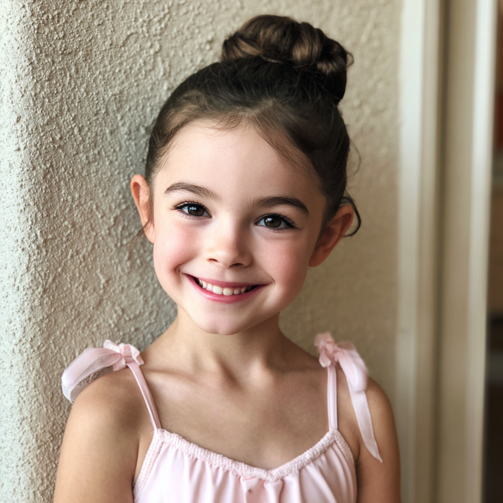 Una niña sonriente con un traje de ballet | Fuente: Midjourney