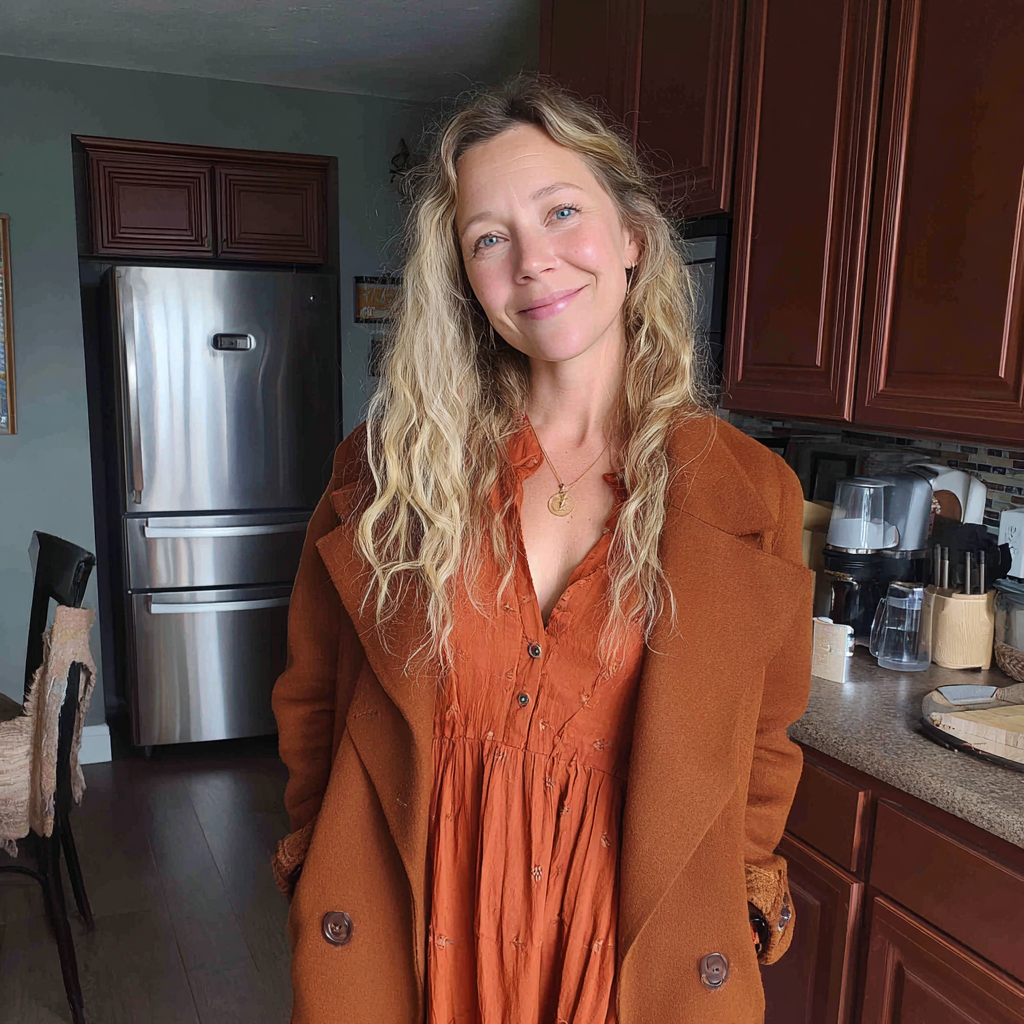 Una mujer sonriente de pie en una cocina | Fuente: Midjourney