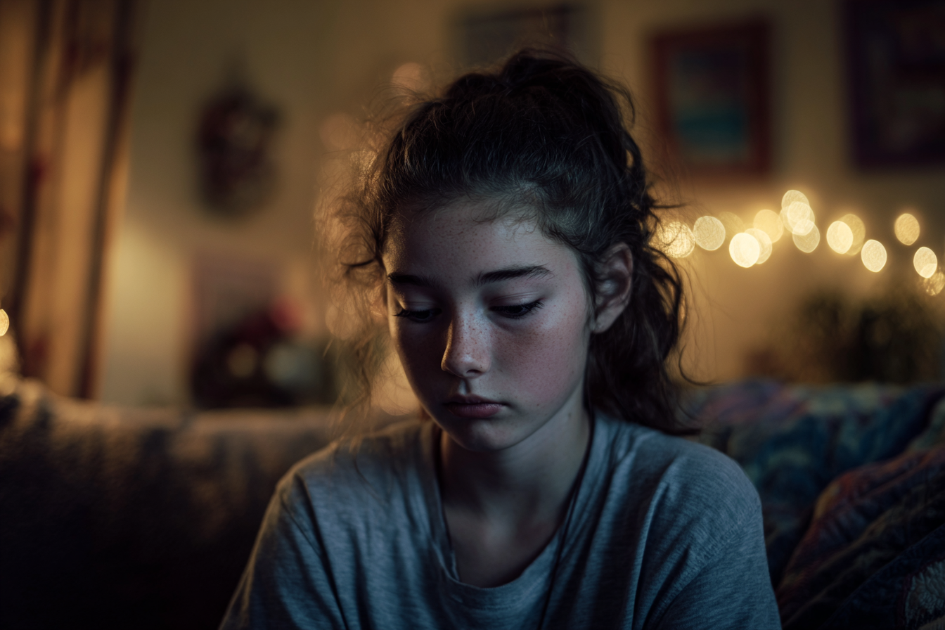 Una chica sentada en su casa | Fuente: Midjourney