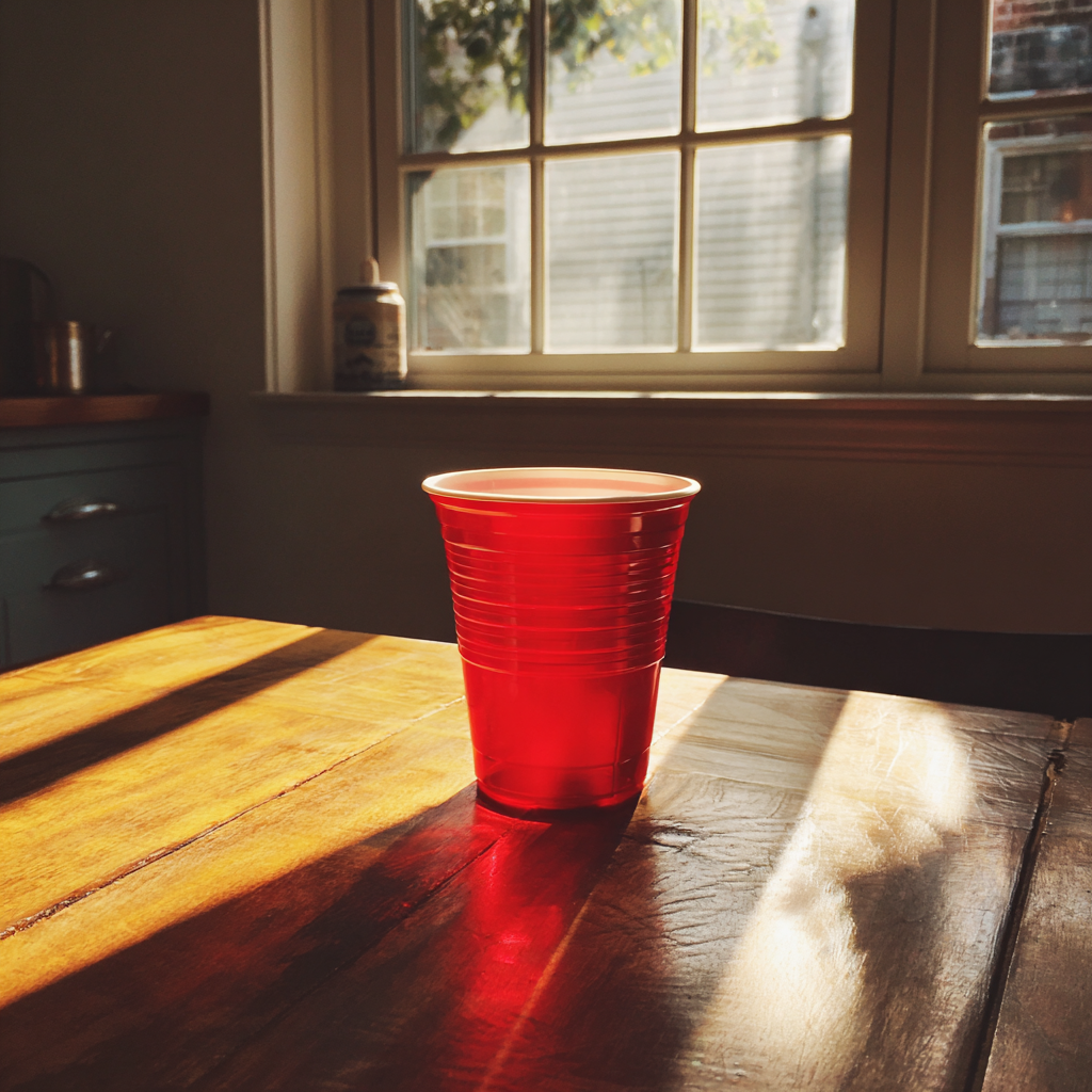 Un vaso solo rojo sobre una mesa | Fuente: Midjourney