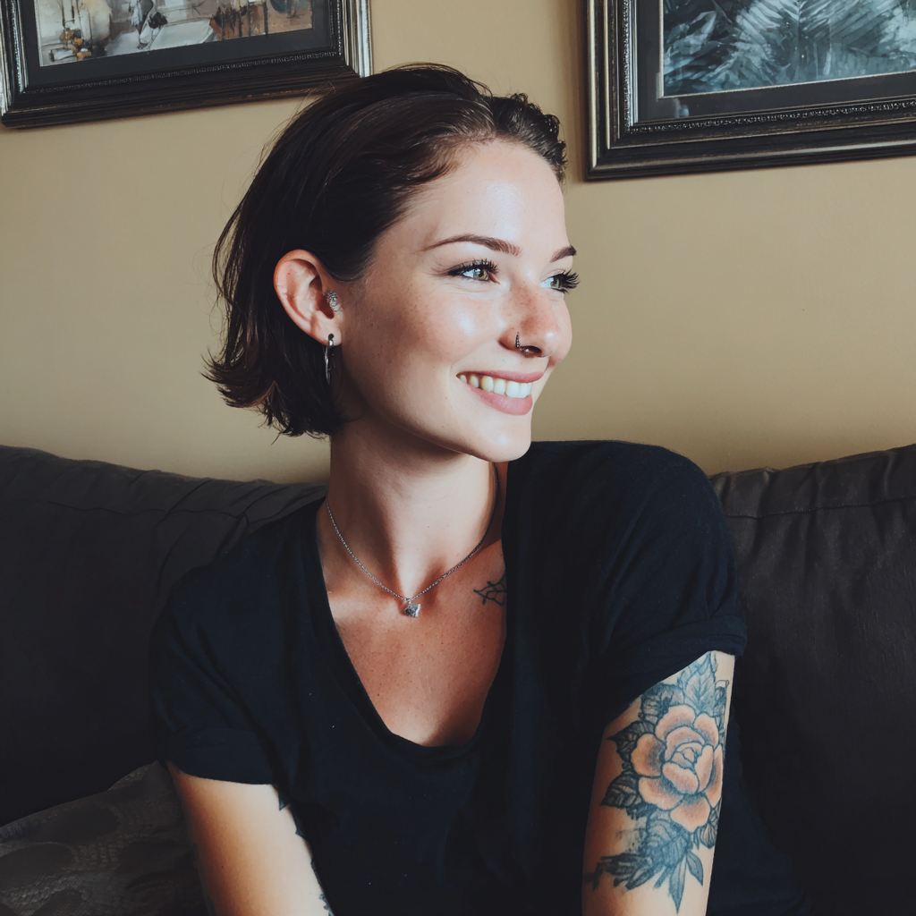 Una mujer sonriente sentada en un sofá | Fuente: Midjourney