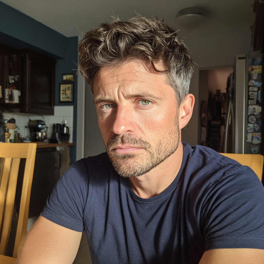 Primer plano de un hombre sentado a la mesa de la cocina | Fuente: Midjourney