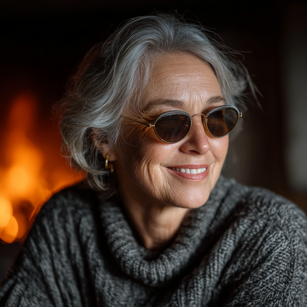 Una mujer feliz sentada frente a una chimenea | Fuente: Midjourney