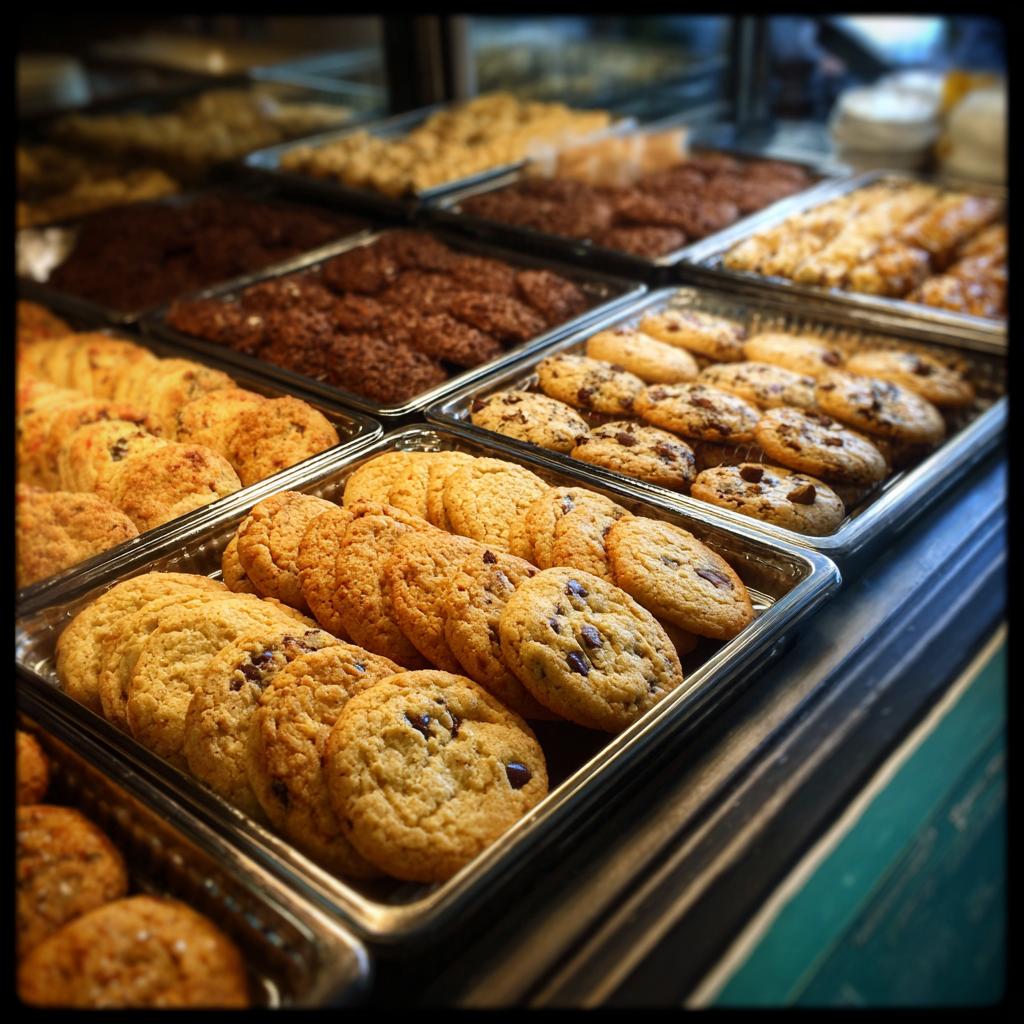 Bandejas de galletas en una vitrina | Fuente: Midjourney