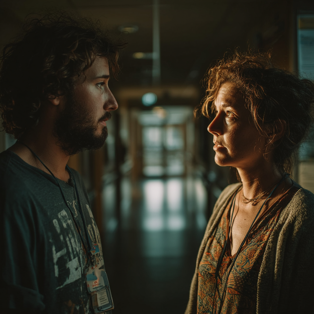 Una pareja hablando en el pasillo de un hospital | Fuente: Midjourney