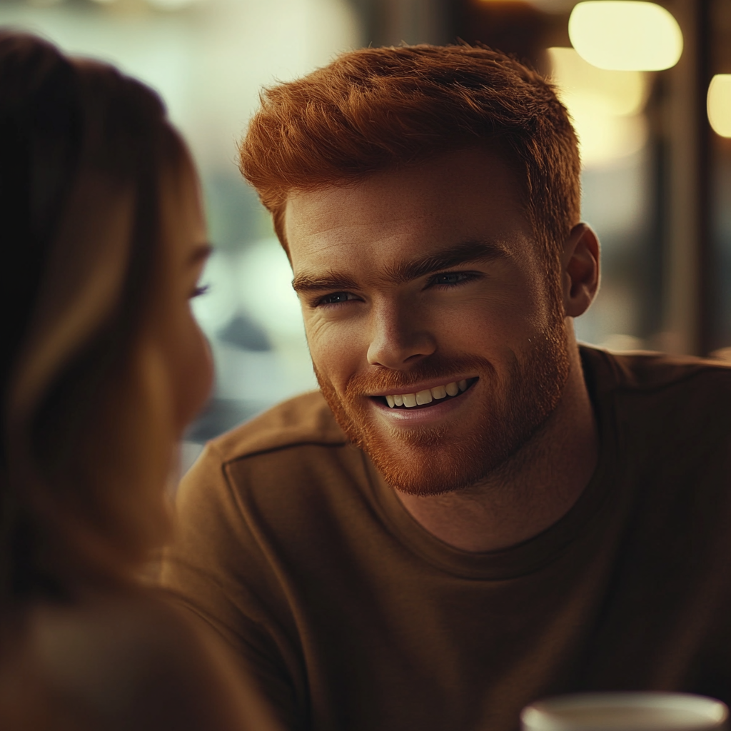 Un hombre sonriente con su pareja | Fuente: Midjourney