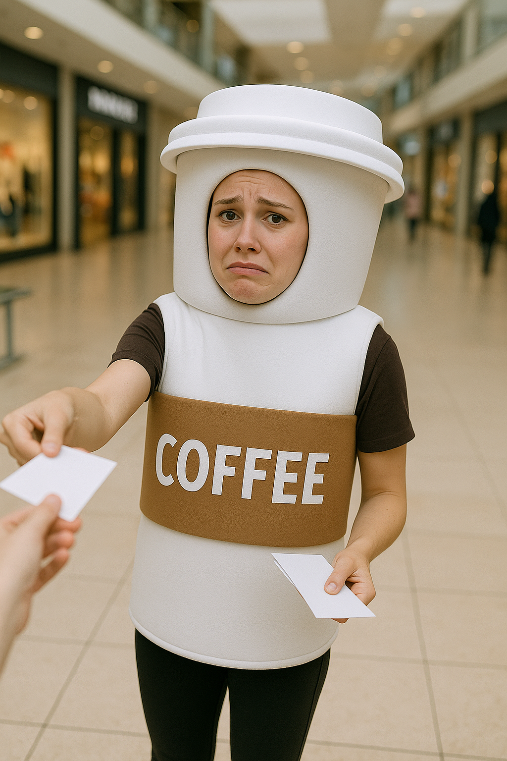 Una mujer avergonzada con un disfraz de taza de café de espuma | Fuente: DALL-E
