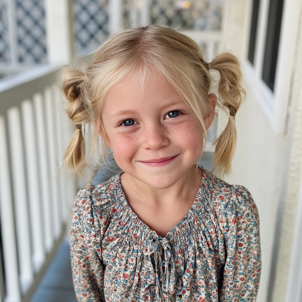 Una niña sonriente en un porche | Fuente: Midjourney