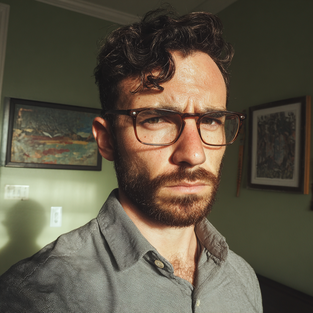 Un hombre ceñudo de pie en un dormitorio | Fuente: Midjourney