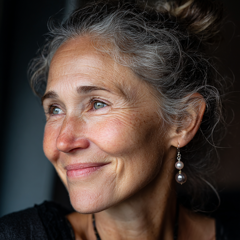 Una mujer feliz con pendientes de perlas | Fuente: Midjourney