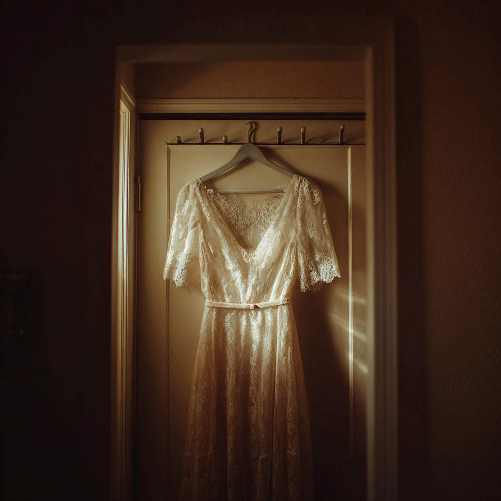 Un vestido de novia colgado de una puerta | Fuente: Midjourney