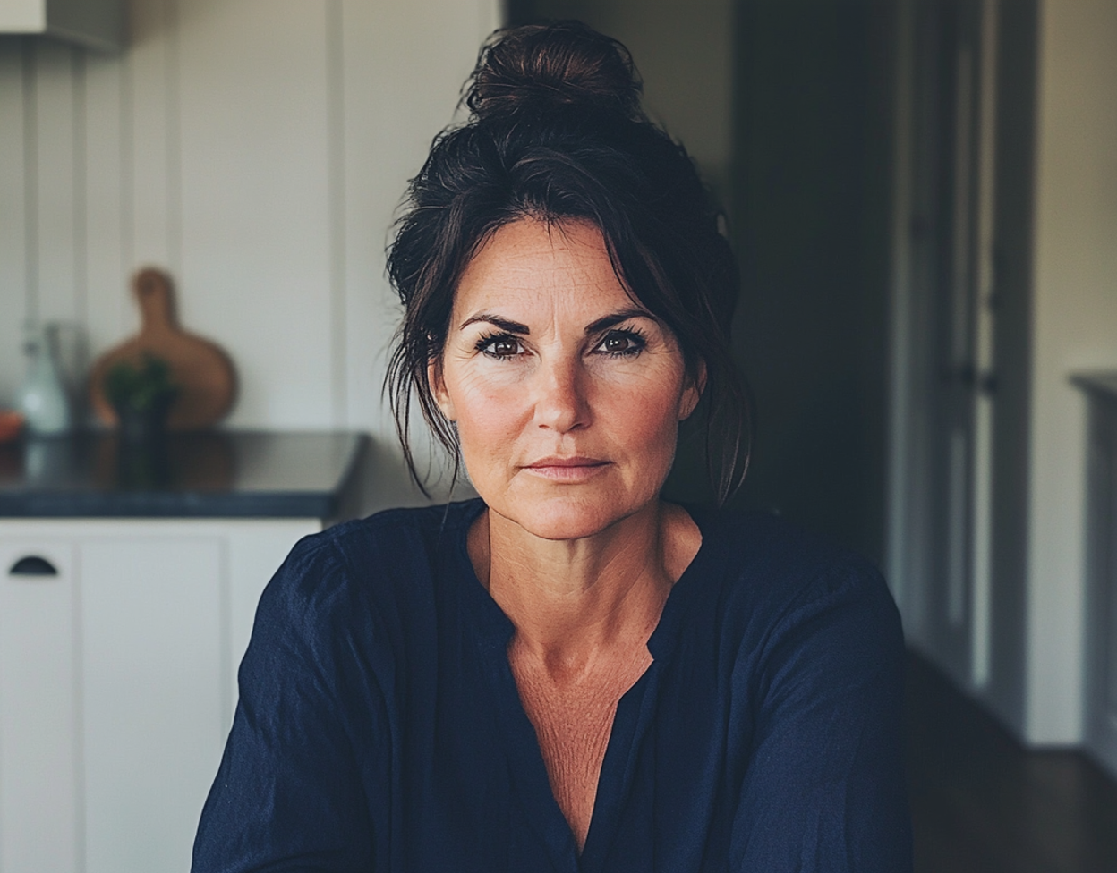 Una trabajadora social sentada a la mesa de la cocina | Fuente: Midjourney