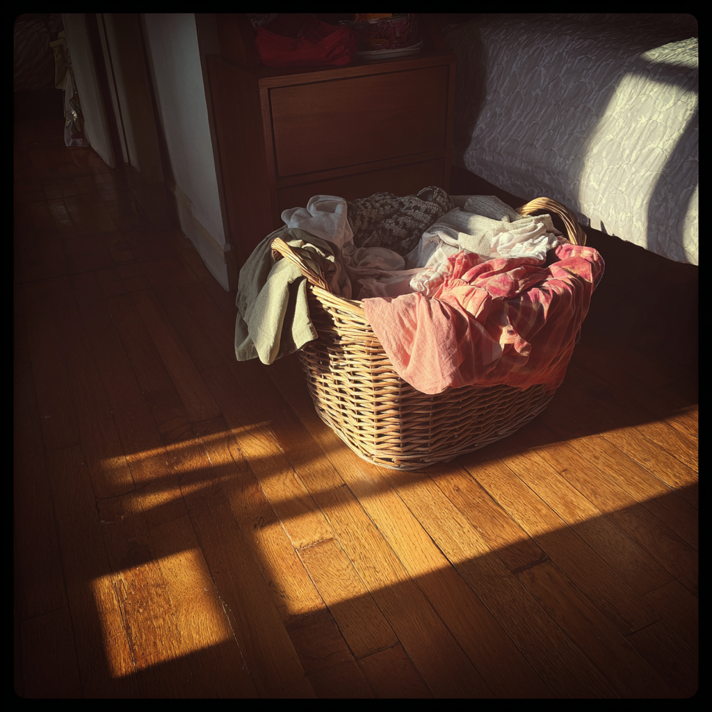 Un cesto de la ropa sucia en un dormitorio | Fuente: Midjourney
