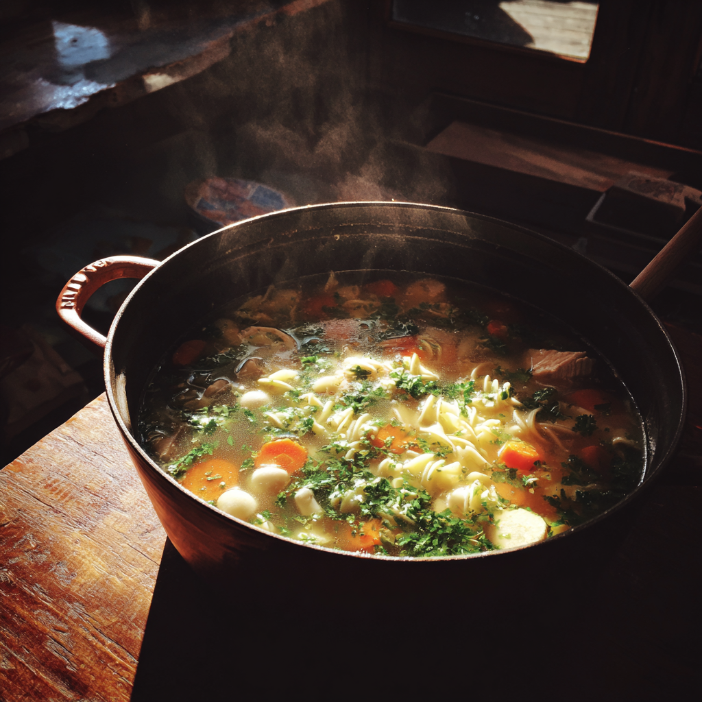 Una olla de sopa de pollo con fideos | Fuente: Midjourney
