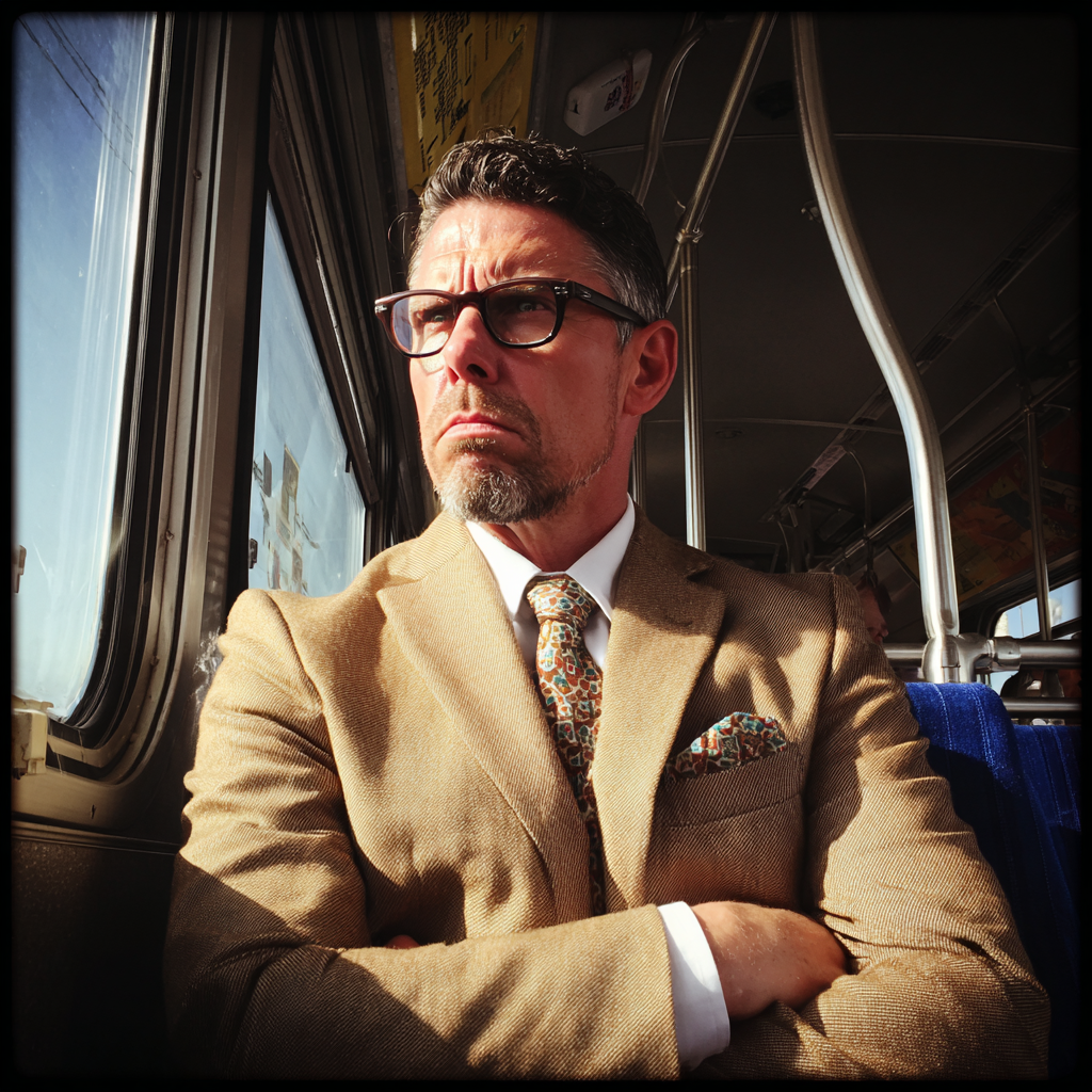 Un hombre malhumorado sentado en un autobús | Fuente: Midjourney