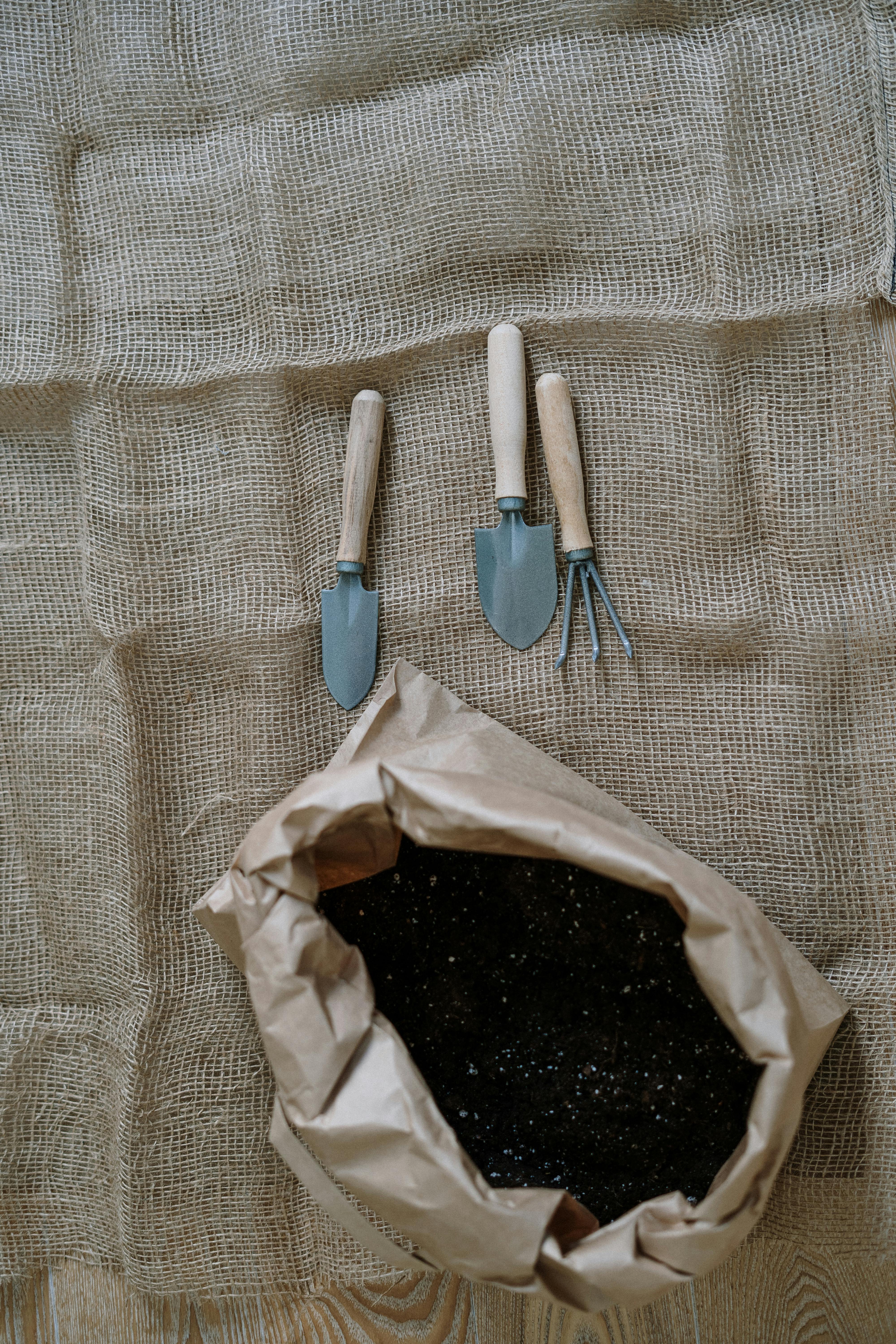 Tierra para macetas y herramientas para plantar en material | Fuente: Pexels