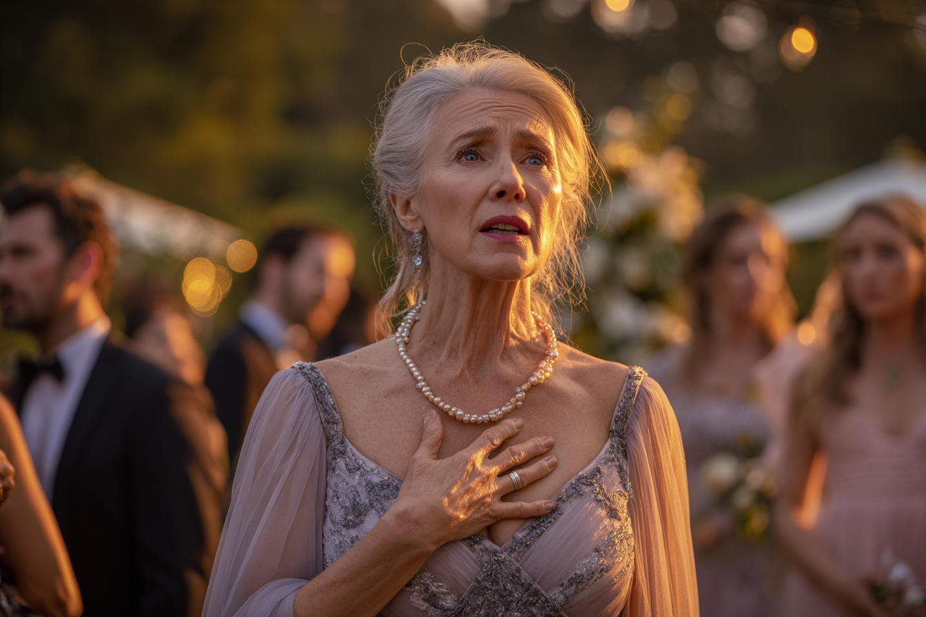 Una mujer mayor de pie con la mano en el pecho | Fuente: Midjourney