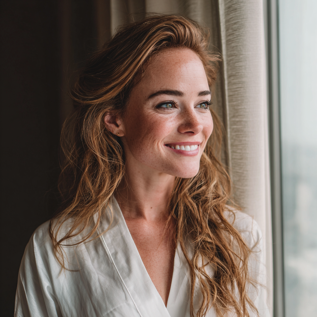 Una novia sonriente con una bata blanca | Fuente: Midjourney