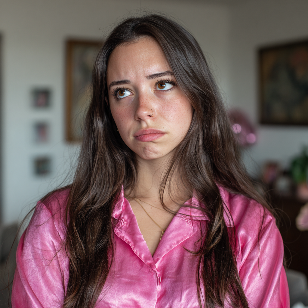 Una mujer enfadada con una blusa rosa | Fuente: Midjourney